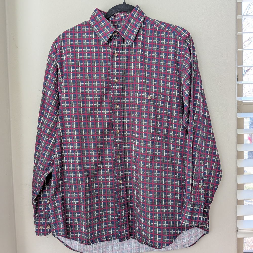 90s Trader Bay Plaid Button Down Shirt | Mens Medium Cotton Burgandy Blue Green